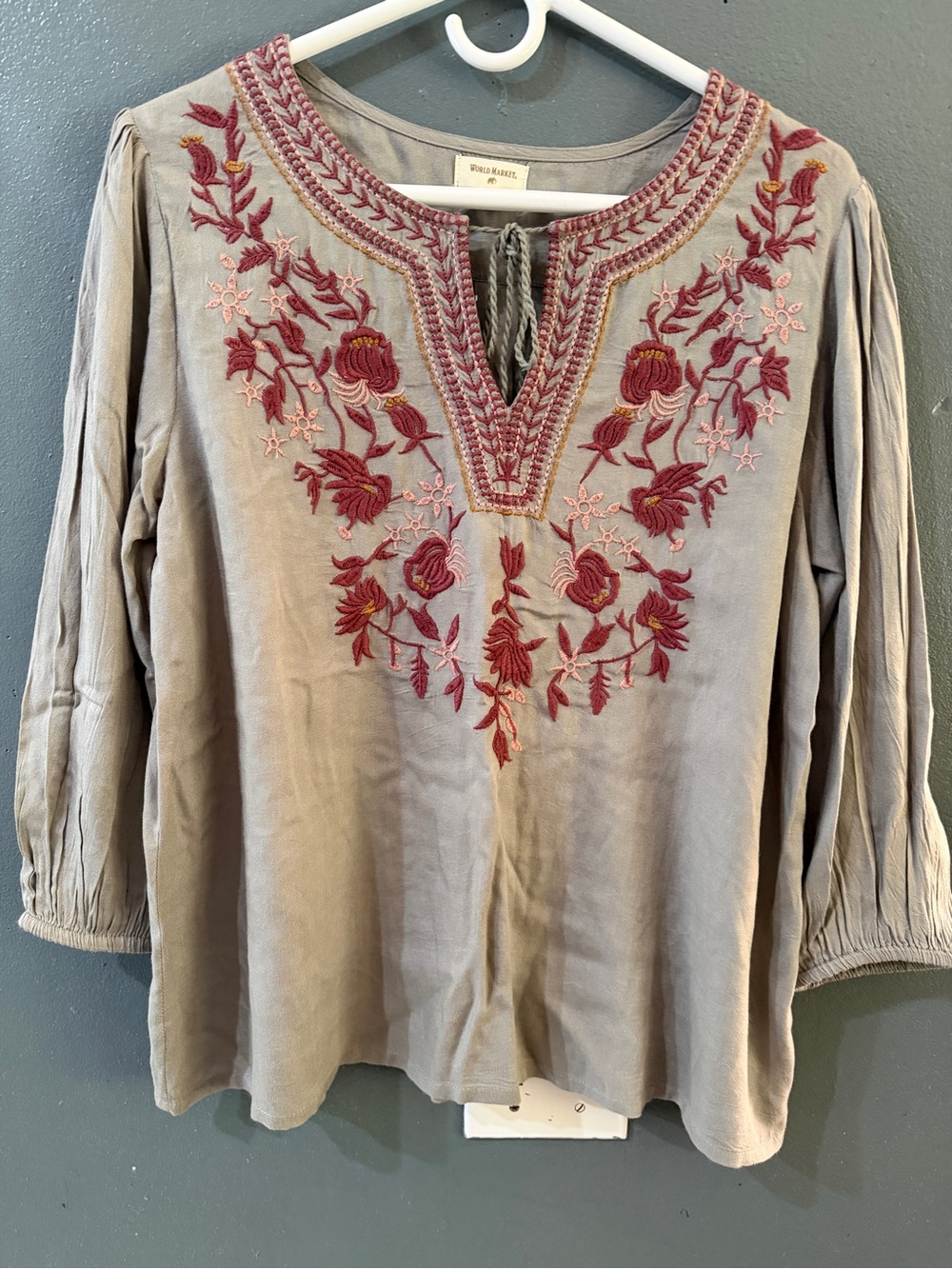 World Market Gray Top with Pink Embroidery and Braided Tie